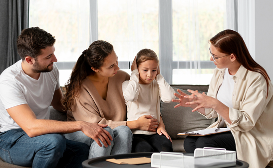 Parents and child in a mediation discussion